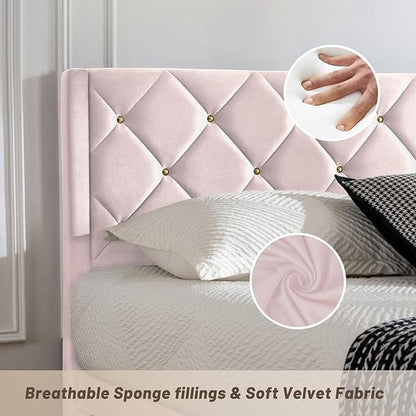 Queen Size Platform Bed Frame with Velvet Upholstered Headboard and Sturdy Wooden Slats Support,Mattress Foundation，Easy Assembly, No Box Spring Needed,Slip Resistant (Pink, Queen)