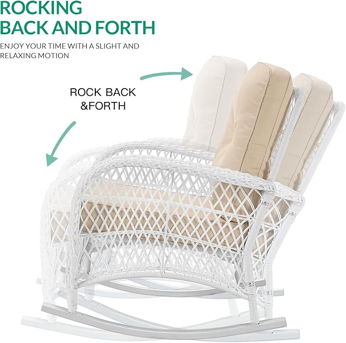 VIVIJASON 4-Piece Outdoor Patio White Wicker Conversation Sets, All Weather Outdoor Rattan Furniture Set Includes Glider Loveseat, Coffee Table, 2 Rocking Chairs with Cushions for Backyard, Beige