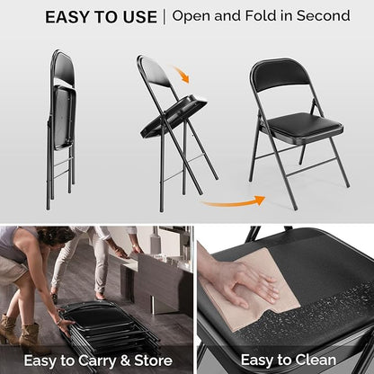 VINGLI 6 Pack Folding Chairs with Padded Seats, Metal Frame with Pu Leather Seat & Back, Capacity 350 lbs, Black