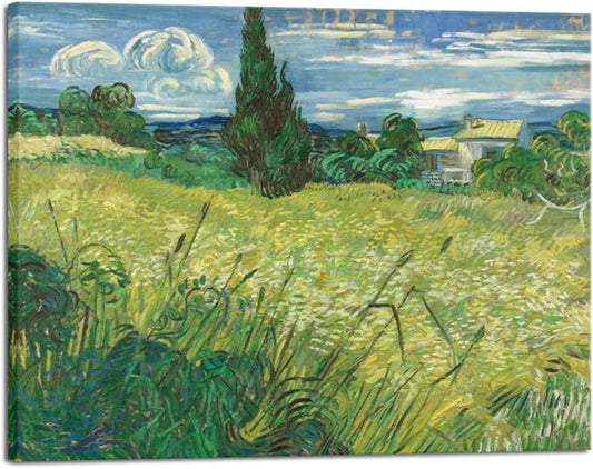 Wieco Art Abstract Large Canvas Prints Wall Art Green Field 1889 by Van Gogh Famous Oil Paintings Reproduction Artwork Stretched Landscape Picture for Home Office Decoration Wall Decor