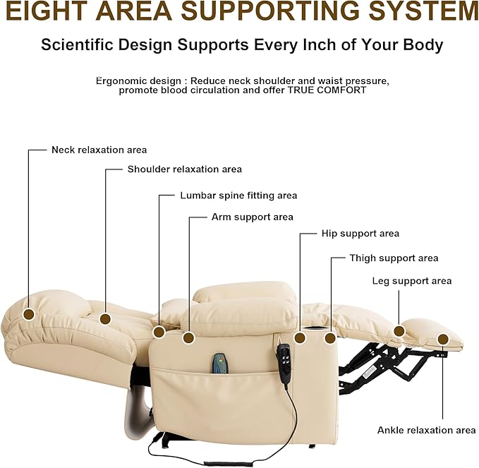 Dual Motor Large Power Lift Recliner Chair for Elderly with Heat and Massage,Lay Flat Lift Chairs Recliners for Seniors Infinite Position,USB Ports&Remote, Leather (Beige, Large)