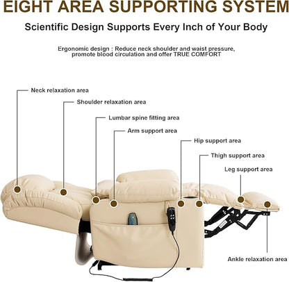 Dual Motor Large Power Lift Recliner Chair for Elderly with Heat and Massage,Lay Flat Lift Chairs Recliners for Seniors Infinite Position,USB Ports&Remote, Leather (Beige, Large)