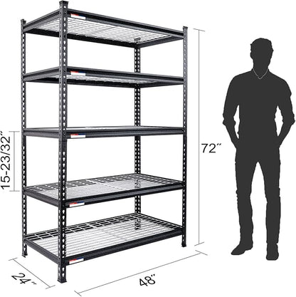 WORKPRO 5-Tier Metal Storage Shelving Unit, 48”W x 24”D x 72”H, Adjustable Storage Rack Heavy Duty Shelf, 4000 lbs Load Capacity (Total), for Garage, Kitchen, Bathroom, Warehouse, Black/Sliver, 10 PCS