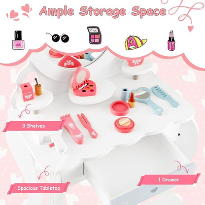 HONEY JOY Kids Vanity, Toddler Wooden Makeup Vanity Table & Chair Set, 10 Pcs Pretend Play Dressing Accessories Toy, Tri-Fold Princess Mirror, Little Girls Vanity Set with Mirror and Stool, White