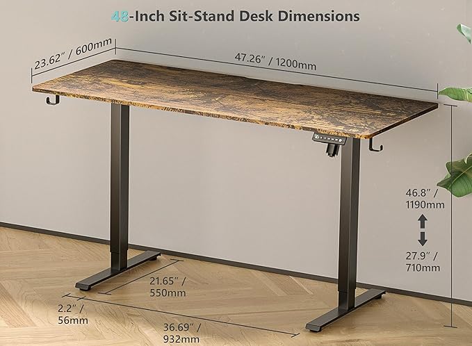 48 x 24 inch Electric Standing Desk Adjustable Height with 4 Wheels, 4 Memory Height Settings, 2 Headphone Hook, for Home Office, Splice Board Brown