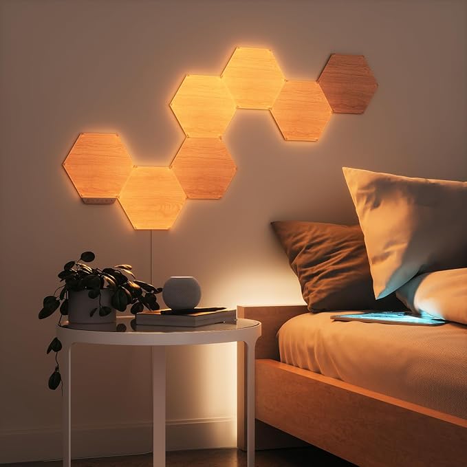 Nanoleaf Elements Wood Look Smart Wall Lights, Hexagon LED Wall Lights work with Alexa Google Assistant, Home Wall Decor for Living Room with Music Sync, Touch Control, Ambient White 1500-4000K, 13 PK