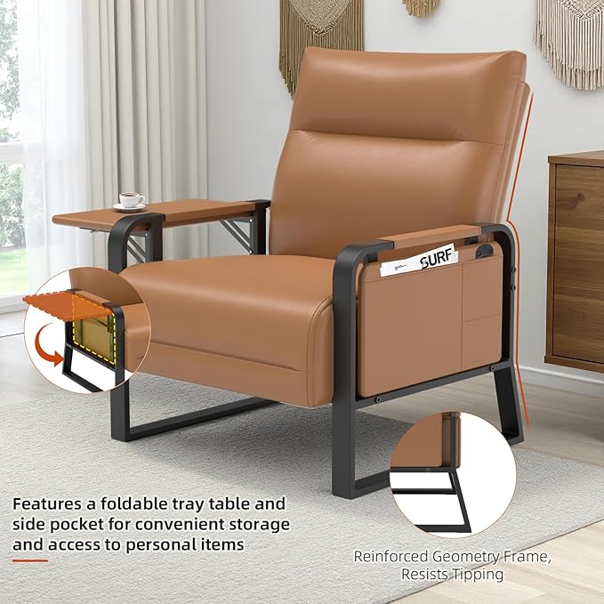 Upholstered Accent Chairs Set of 2, Modern Faux Leather Sofa Chairs with Foldable Side Tray Table & Storage Pocket, Small Accent Sofas for Living Room, Bedroom, Brown