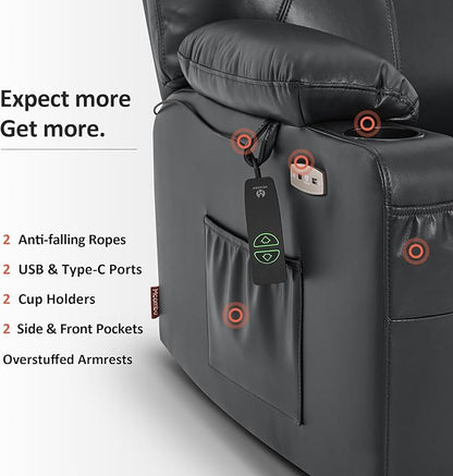 MCombo Extra Wide Power Lift Recliner Chair for Elderly, Lift Chair with Heat and Massage for Big People, USB&Type C Ports, Cup Holders, Faux Leather R7045 (Black, Medium-Wide)