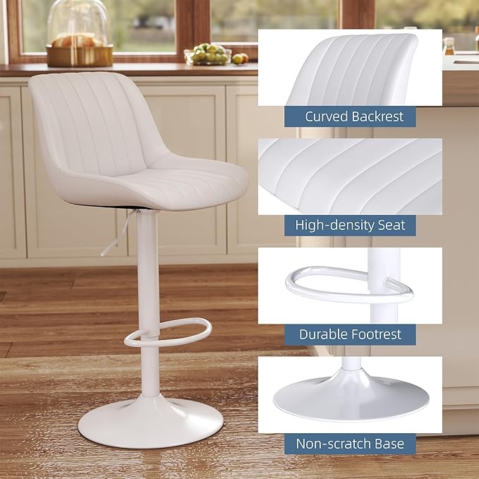 Youhauchair Bar Stools Set of 3, Swivel Counter Height Barstools with Back, Adjustable PU Leather Bar Chairs, Modern Armless Kitchen Island Stool, White