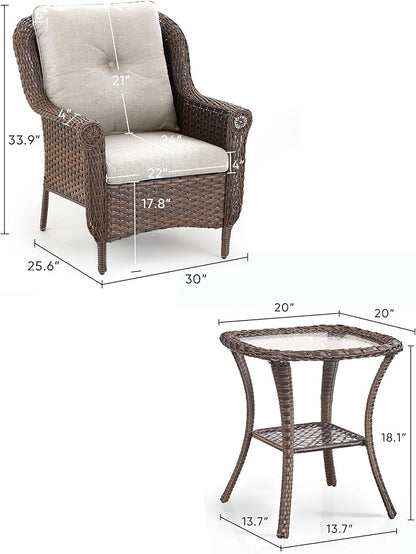 3 Piece Patio Brown Wicker Chairs with Side Table - Outdoor High Back Heavy Duty All-Weather Lawn Dining Rattan Chair Conversation Bistro Set for Deck Porch Balcony Backyard Garden - Beige