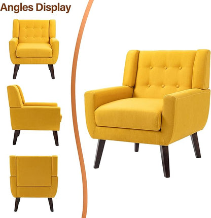 Accent Chairs Set of 2, Modern Fabric Armchairs for Living Room, Comfy Upholstered Arm Chairs Tufted for Indoor Bedroom Office Room (Yellow)