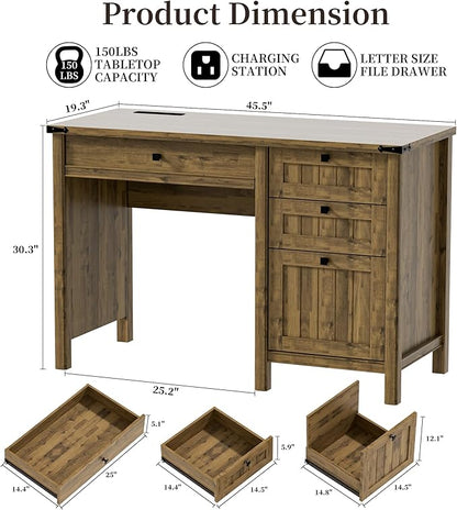 Executive Desk, Farmhouse Computer Desk with Drawers & Cabinet, Home Office Desk for Work Study Writing Workspace (Light Brown, 45")
