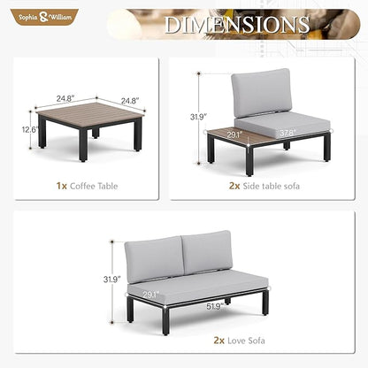 Sophia & William 5 Pieces Outdoor Patio Furniture Set, Metal Sectional Sofa Set Patio Conversation Set with Cushions-2 x Single Sofa with Side Table, 2 x Loveseat, 1 x Tea Table