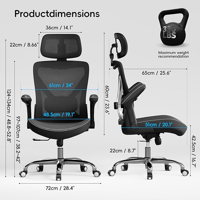 Ergonomic Office Chair-Computer X-Shaped Chair Mesh PU Leather with Adjustable Lumbar Support-Executive Desk Chair High Back with Headrest Flip-Up Arms for Long Hours (Black-Silver)
