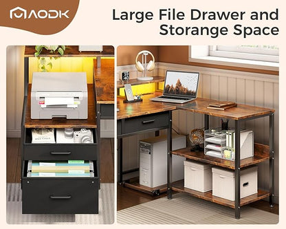 AODK L Shaped Desk with 5 File Drawers, 75" Reversible L Shaped Computer Desk with Power Outlet & LED Strip, Office Desk with Storage Shelves, Gaming Desk with Monitor Shelf, Corner Desk, Vintage