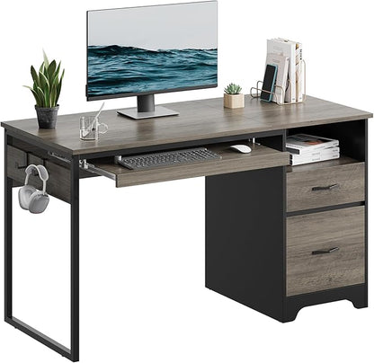 Bestier 48” Computer Desk with Drawers, Office Desk with Storage, Industrial Wood Writing Desk with File Drawer, Keyboard Tray & 2 Hooks for Home Office & Studio, Gray