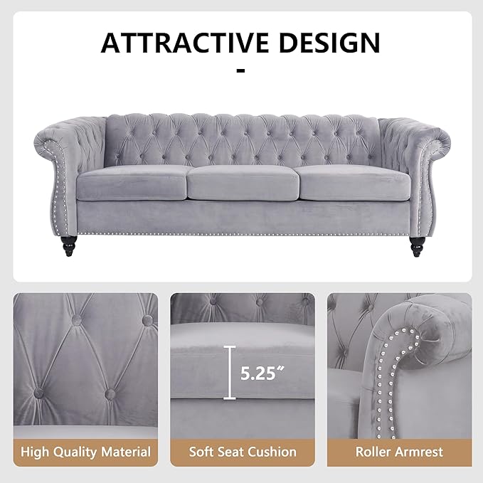 Home Sofa Living Room Furniture, 3 Seater 84" Velvet Upholstered Couch, Mid Century Modern Comfy Couch with Cushions, Classic Tufted Chesterfield Couches for Bedroom, Office, Apartment (Grey)