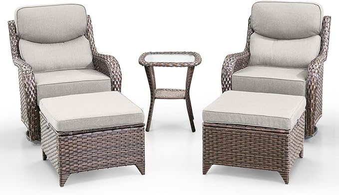 Swivel Patio Chairs sofa Set of 5 with 6" Thick Cushion - Wicker Outdoor Swivel Rocker Patio Chair with Side Table, High Back Comfortable Outdoor Glider Chairs - Brown Wicker | Beige Cushions