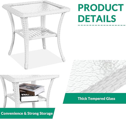 VIVIJASON 3-Piece Outdoor Conversation Bistro Set, Patio Swivel Glider Rocking Chairs Rattan Furniture Sets w/ 2 White Rattan Chairs, Glass Top Side Table for Porch Backyard, Red Cushions