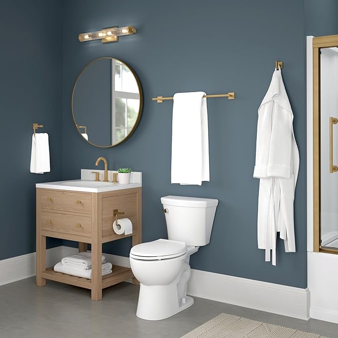 Franklin Brass Nash 4-Piece Bathroom Set Satin Gold 18" Towel Bar Rack w/ 6" Extender, Toilet Paper Holder, Hand Towel Holder, Hook | Bathroom Accessory Set Towel Holder Hardware NASH64-SG
