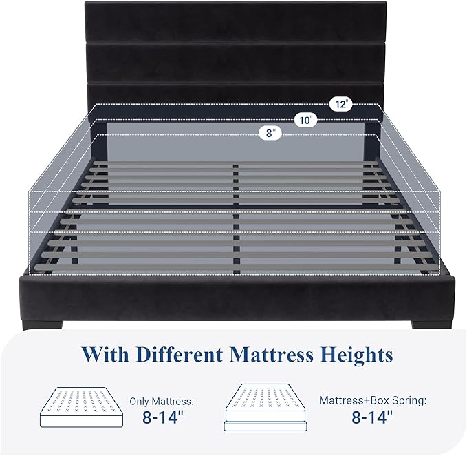 Allewie Queen Size Platform Bed Frame with Velvet Upholstered Headboard and Wooden Slats Support, Fully Upholstered Mattress Foundation/No Box Spring Needed/Easy Assembly, Black