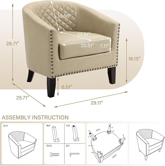 Pia Ricco Faux Leather Barrel Accent Chairs Set of 4, Modern Club Arm Chair Comfy Upholstered Single Sofa Chair with Solid Wood Legs and Nailhead Trim for Living Room/Reading Room, Beige