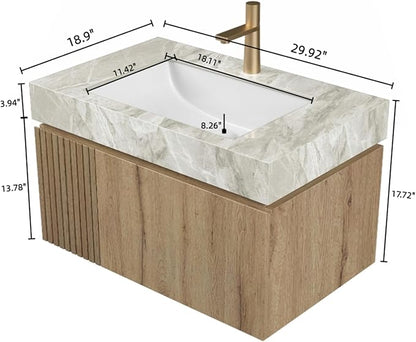 Bathroom Vanity with Sink 30 Inch, Floating Bathroom Vanity Sink Cabinet with Drawer and Door, Undermount Sink & Light Gray Sintered Stone Top, Pre-Assembled, White Oak