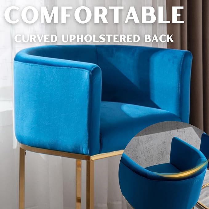 Contemporary Blue Velvet Bar Stools Set of 4, 24" Upholstered Fabric Counter Height Barstools Kitchen Counter Island Stools with Golden Metal Base