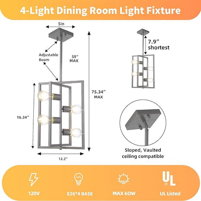 Silver Chandelier Light Fixture Modern: 4-Light Farmhouse Kitchen Island Lighting, Rustic Industrial Dining Room Light Fixtures, for Living Room, Bedroom, Foyer, Entryway, Staircase