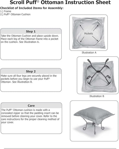 Howard Elliott Scroll Puff Ottoman Chair With Cover, Multipurpose Alternate Seating Footstool Footrest Chair with Titanium Frame, Patio Furniture for Camping, Home, Indoor & Outdoor, Bella Eggplant