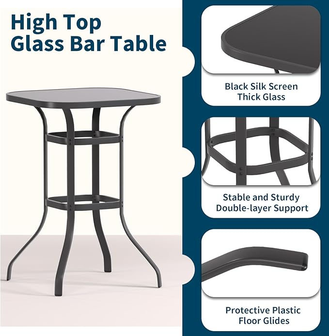 Amopatio 5 Piece Patio Bistro Set with 4 Bar Chairs and Glass Table, All-Weather Textilene Patio Bar Stools, Sturdy Outdoor High Top Table and Chairs for 4 for Backyard, Porch, Balcony, Black