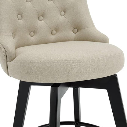 MINCETA Set of 2 Upholstered Bar Stools - 26 Inch Swivel Counter Height Stools with Low Tufted Back, Footrest & Performance Fabric - Khaki Round Seat for Kitchen Island & Home Bar