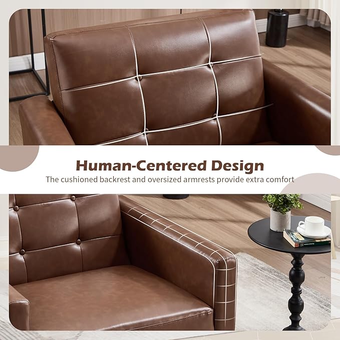 CANMOV 29" W Oversized Leather Accent Chair, Armchair Button Back, Mid Century Modern Accent Chairs for Living Room, Modern Upholstered Bed Room Chair Cozy Armchair with Wood Legs, Brown