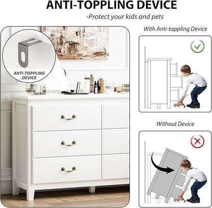 White Dresser, Modern 6 Drawer Double Dresser for Bedroom Adults & Kids with Vintage Gold Handles, Wide Dressers & Chests of Drawers, 6 Drawer Dressers for Hallway, Antique White