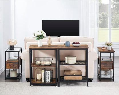 VECELO Tall End Side Tables,30" Height Nightstand with 3-Tier Storage Shelf for Bedroom Living Room, Easy Assembly,Industrial Style, Brown