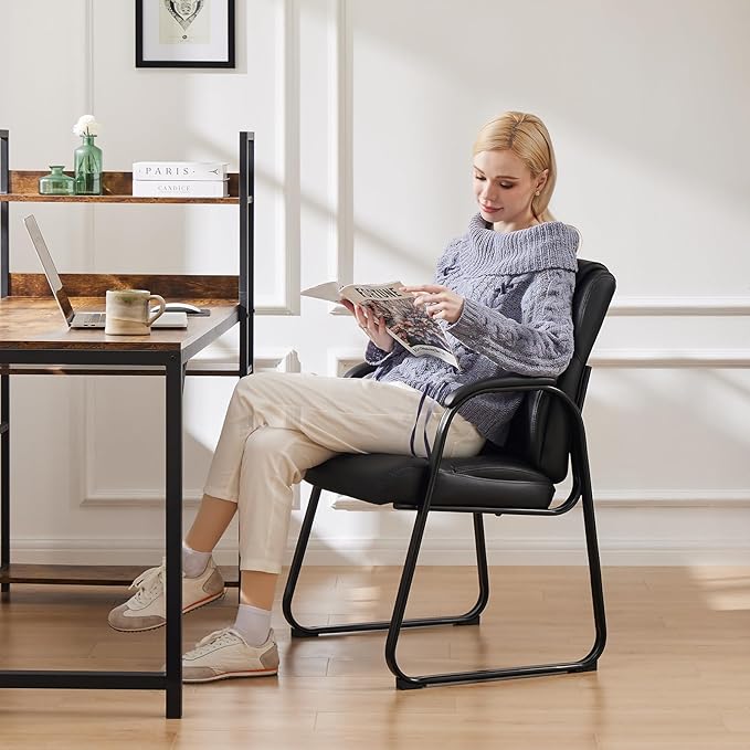 NEWBULIG Waiting Room Guest Chairs Set of 2, Stationary Office Reception Chairs No Wheels, Comfy Padded Arms and Seld Base, for Conference Room Lobby Home Computer Desk Bedroom Elderly, Black