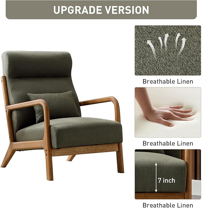 ANJHOME Mid Century Modern High Back Accent Chairs Set of 2, Single Lounge Armchair with Solid Wood Frame, Comfy Reading Chair for Living Room, Easy Assembly