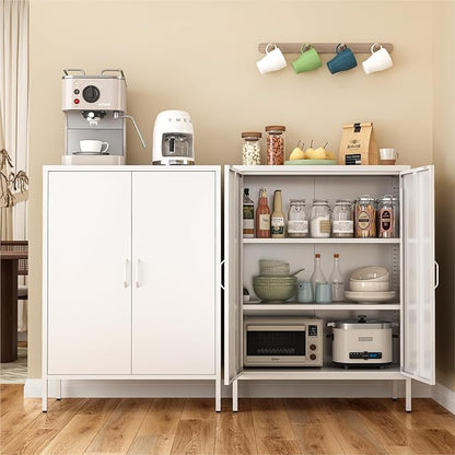 Metal Locker Cabinet, White Accent Storage Cabinets with 2 Doors And Adjustable Shelves, 3 Tier Modern Storage Freestanding Sideboard for Living Room,School,Office Home Kitchen (White, 2Doors-40"H)