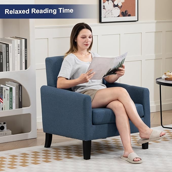 Accent Chair, Mid Century Modern Living Room Chairs Comfy Reading Chair with Upholstered Cushion Relax Armchair for Bedroom Apartment,Office, Blue