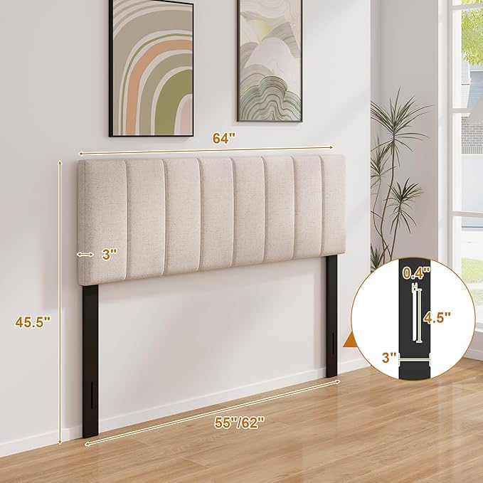 Giantex Linen Upholstered Headboard, Adjustable Width Vertical Channel Tufting Headboard Only with Solid Wood Legs, Attach Frame, Rectangular Headboards for Queen Full Bed, Beige