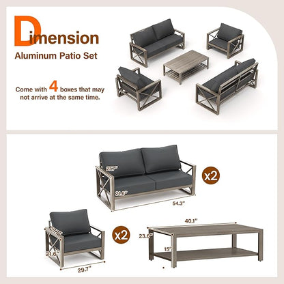 UDPATIO 5 Piece Faux Wood Aluminum Patio Furniture Set 6 Seats Modern Outdoor Furniture Patio Conversation Sets with Coffee Table for Balcony, Backyard, 600D Waterproof Cover Included, Dark Grey