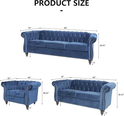 Velvet Loveseat Sofa, Mid Century Modern Upholstered Couch, 62" Oversized Comfy 2 Seater Love Seat Couch with Cushions, Tufted Chesterfield Sofa for Living Room, Bedroom, Apartment (Blue)