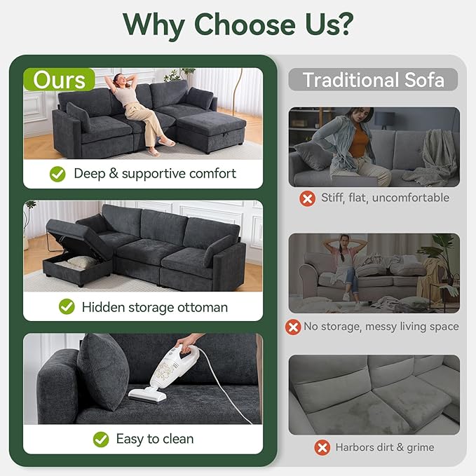 109'' Modular Sectional Sofa, L Shaped Couch with Storage Ottoman, Comfy Cloud Sofa with Deep Seat, 4 Seat Convertible Sectional Couches for Living Room (Gray, Low Legs 1.97")