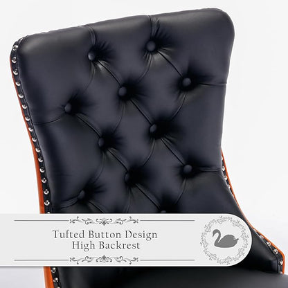 Pu Upholstered Dining Chairs Set of 4, Modern Style Kitchen Side Chairs with Nailhead Trim and Wood Leg, Metal Pulling Ring for Dining Room Living Room(Black&Orange,Set of 4)