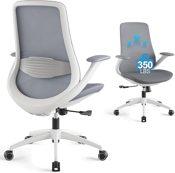 Ergonomic Mesh Office Chair, 330LBS Executive Desk Chair with Lumbar Support, 2D Armrests, Comfy Swivel Computer Task Chairs for Long Hours (Grey)