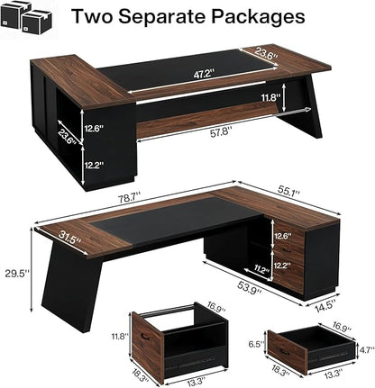 Tribesigns L-Shaped Executive Desk, 78-Inch Large Office Desk with Drawers and Lateral File Cabinet, Modern Business Furniture with Storage Shelves, Workstation for Home Office (Walnut + Black)