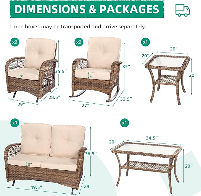 VIVIJASON 7-Piece Outdoor Patio Wicker Conversation Sets, All Weather Outdoor Rattan Furniture Set Includes Glider Loveseat, 2 Rocking Chairs, 2 Glider Rocker Chairs, 2 Coffee Table, Light Brown