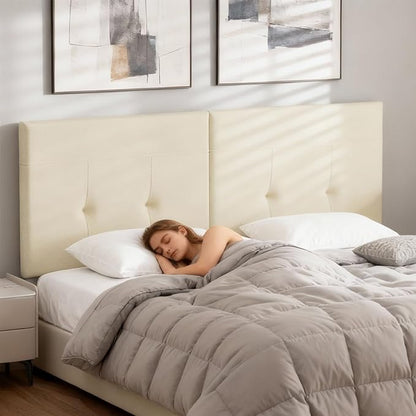 Queen Headboard Only with Adjustable Metal Legs, Faux Leather Upholstered Headboard Queen Size, Modern Stylish Headboard with Sunken Dot Design, Sturdy Bed Headboard for Bedroom, Beige