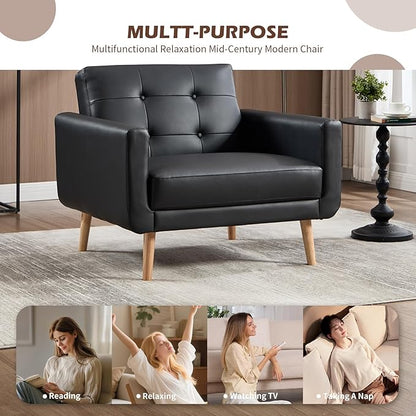 CANMOV 29" W Oversized Leather Accent Chair Set of 2, Armchair Button Back, Mid Century Modern Accent Chairs for Living Room, Modern Upholstered Bed Room Chair Cozy Armchair with Wood Legs, Black