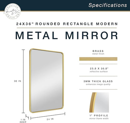 MCS Master & Co. Modern Metal Large Wall Mirror, Minimalist Home Decor Rectangle Mirror with Rounded Corners for Living Room, Bedroom, or Bathroom, 24 by 36 Inch, Brass